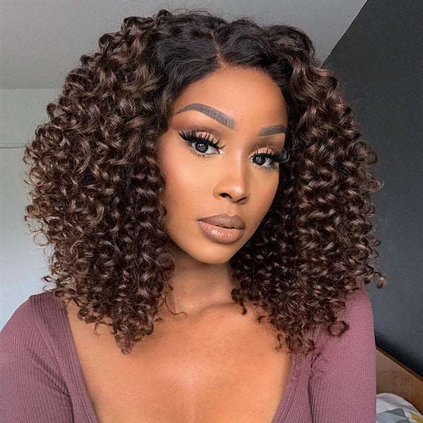 Black To Brown Ombre Bouncy Curly 4x4 Closure Lace Glueless Side Part Long Wig 100% Human Hair