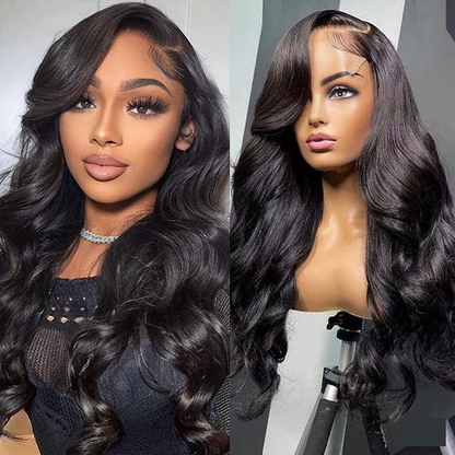 Natural Black Body Wave 4x4 Closure Lace Glueless Mid Part Long Wig 100% Human Hair