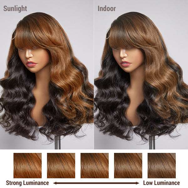 Brown Mix Black / Natural Black C Part Glueless Loose Wave 4x4 Closure Wig With Bangs 100% Human Hair