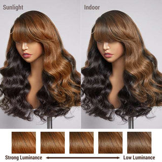 Brown Mix Black / Natural Black C Part Glueless Loose Wave 4x4 Closure Wig With Bangs 100% Human Hair