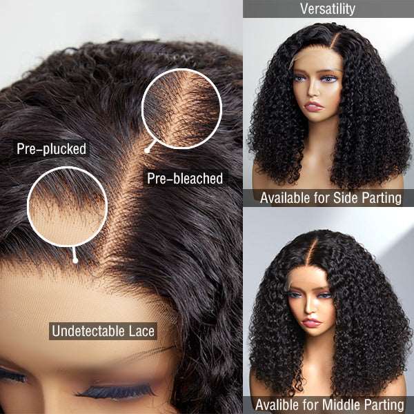 Full Kinky Curly 5x5 Closure  Lace Glueless Side Part Neck Length Wig 100% Human Hair