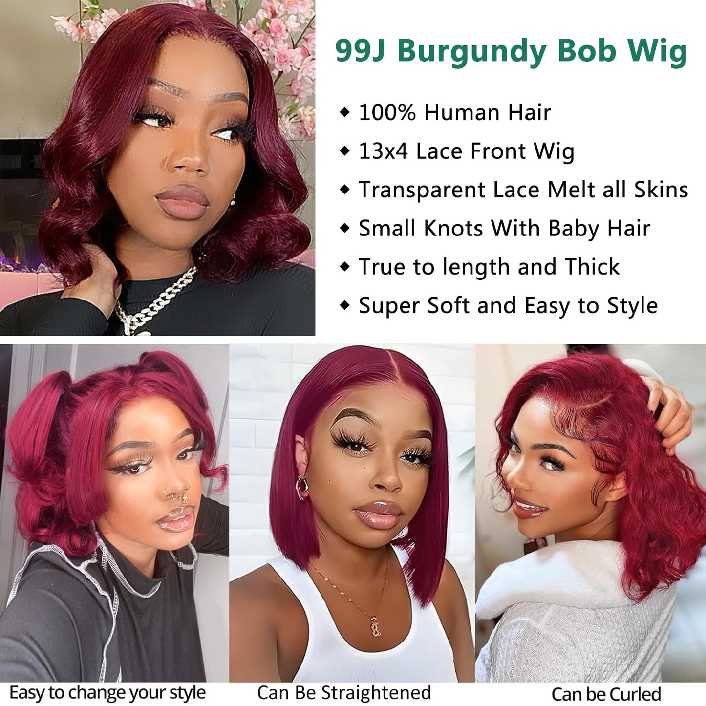 99J Burgundy 180%  Density Bob Wig Human Hair 13x4 Frontal Lace Wig