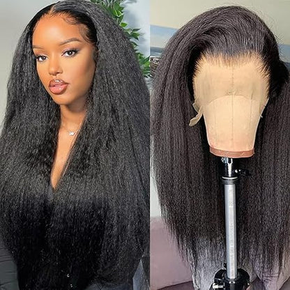 220% Density Natural Black Kinky Straight 13x4 Frontal Lace Free Part Long Wig 100% Human Hair