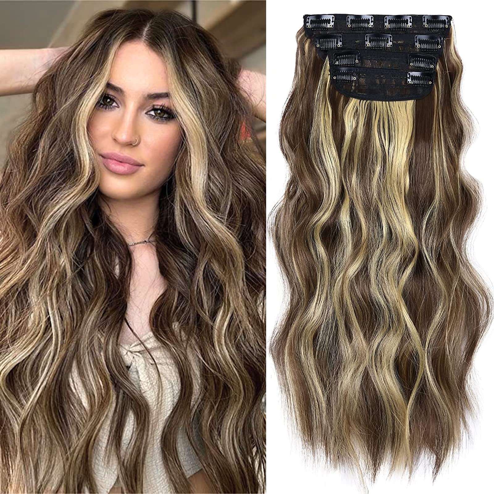 Clip in Human Hair 4PCS  Blonde Highlighted Medium Brown Body Wave Hair