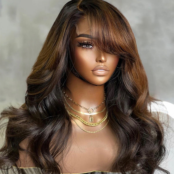 Brown Mix Black / Natural Black C Part Glueless Loose Wave 5x5 Closure Wig With Bangs 100% Human Hair