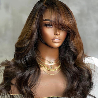 Brown Mix Black / Natural Black C Part Glueless Loose Wave 4x4 Closure Wig With Bangs 100% Human Hair