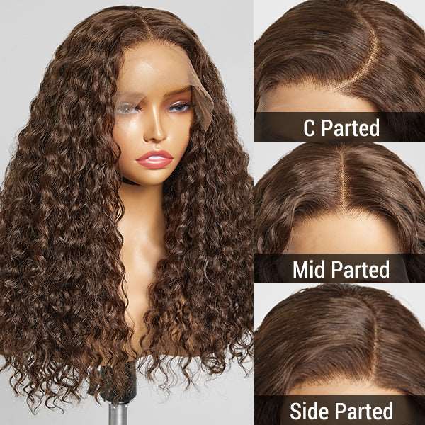 Brown Water Wave 5X5 Closure Lace Glueless Mid Part Long Wig 100% Human Hair