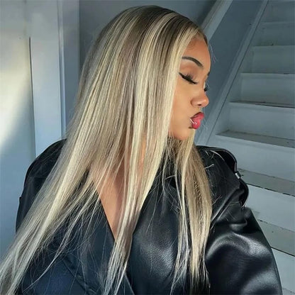 Ash Blonde Grey Highlight Wig Human Hair 13x4 Straight Lace Frontal Wig Brazilian 613 Colored