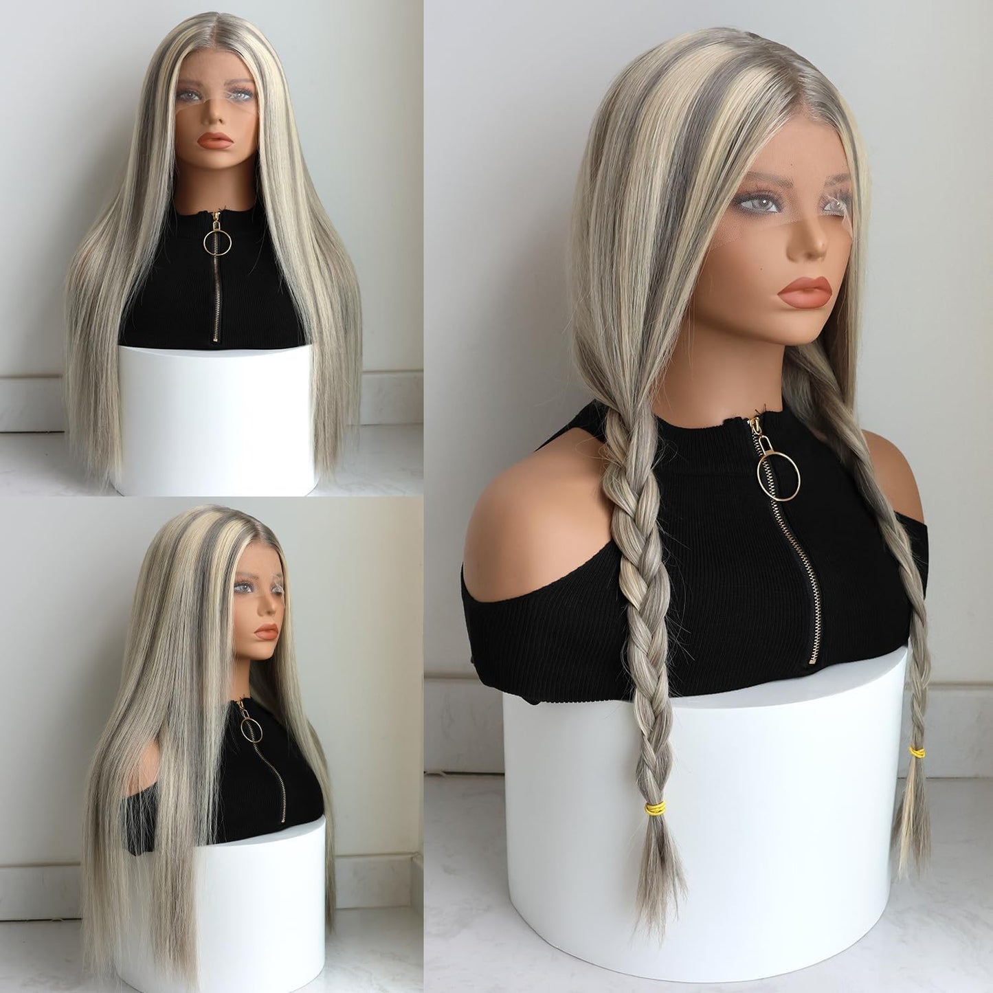 Ash Blonde Grey Highlight Wig Human Hair 13x4 Straight Lace Frontal Wig Brazilian 613 Colored