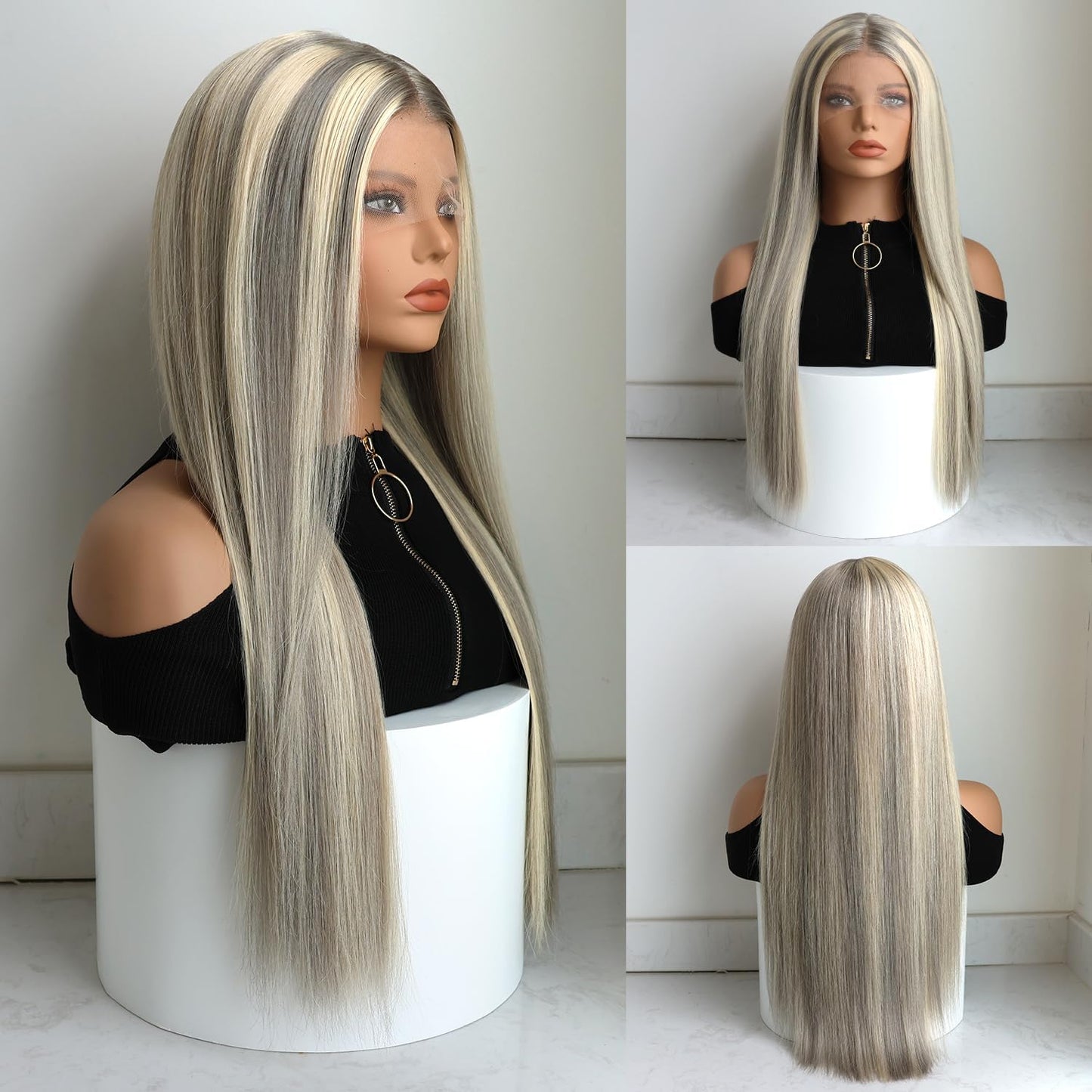 Ash Blonde Grey Highlight Wig Human Hair 13x4 Straight Lace Frontal Wig Brazilian 613 Colored