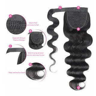 Body Wave Wrap-around Magic Velcro With Clip In Human Hair Ponytail Extension