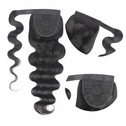 Body Wave Wrap-around Magic Velcro With Clip In Human Hair Ponytail Extension