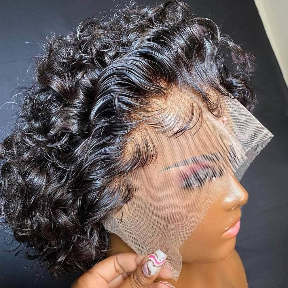 Bouncy Curl Short Pixie Bob Lace Front Human Hair Wig 180% Density