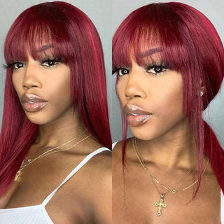 Burgundy Silk Straight Human Hair Wigs with Bangs Glueless Machine Made Wigs for Women Real Hair Wig