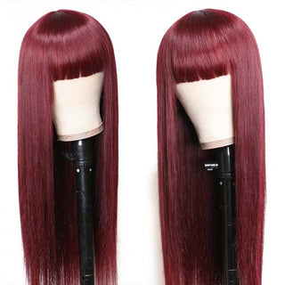 Burgundy Silk Straight Human Hair Wigs with Bangs Glueless Machine Made Wigs for Women Real Hair Wig