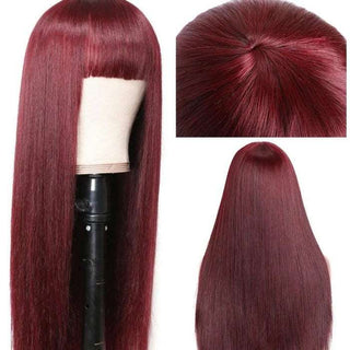 Burgundy Silk Straight Human Hair Wigs with Bangs Glueless Machine Made Wigs for Women Real Hair Wig