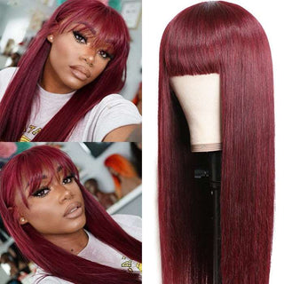 Burgundy Silk Straight Human Hair Wigs with Bangs Glueless Machine Made Wigs for Women Real Hair Wig