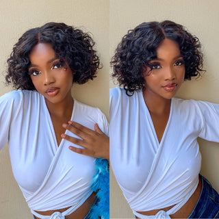 Casual Bouncy Curly 4x4 Closure Lace Glueless Short Wig With Bangs 100% Human Hair