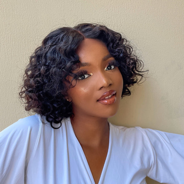 Casual Bouncy Curly 4x4 Closure Lace Glueless Short Wig With Bangs 100% Human Hair