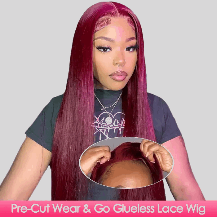 Glueless Wear & Go Wig Pre Cut HD Lace Closure Wigs #99J Burgundy Colored Wig