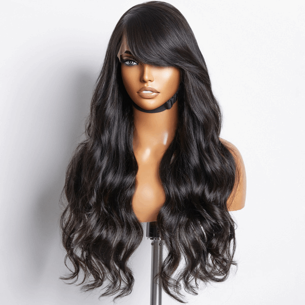 Graceful Natural Black Body Wave With Bangs 5x5 Closure Lace Glueless C Part Long Wig 100% Human Hair