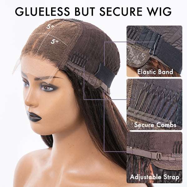 Highlight Kinky Straight Mid Part Glueless 5x5 Closure Undetectable  Lace Wig