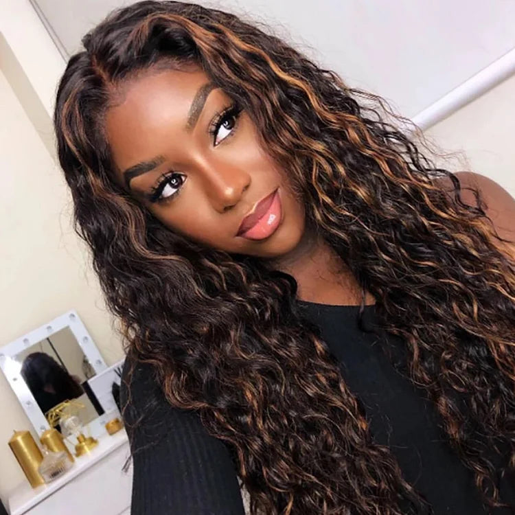 Honey Brown Highlight 27 Curly Lace Frontal Wig