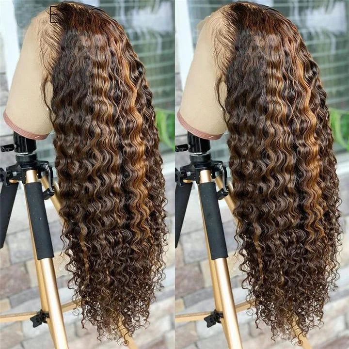 Honey Brown Highlight 27 Curly Lace Frontal Wig