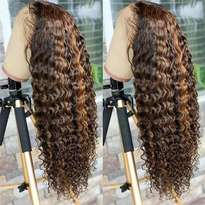 Honey Brown Highlight 27 Curly Lace Frontal Wig