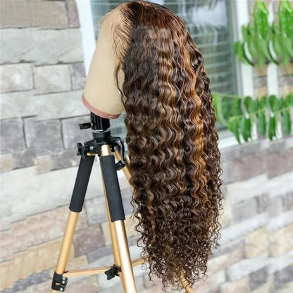 Honey Brown Highlight 27 Curly Lace Frontal Wig