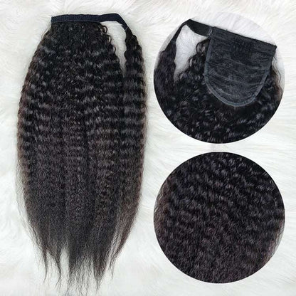 Kinky Straight Wrap-around Magic Velcro With Clip In Human Hair Ponytail Extension