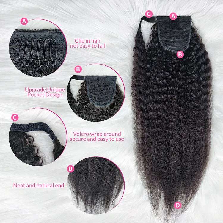 Kinky Straight Wrap-around Magic Velcro With Clip In Human Hair Ponytail Extension