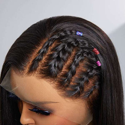 Limited Design | Natural Black Left Side Braids Straight 13x4 Frontal HD Lace Long Wig 100% Human Hair