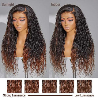 Limited Design |180% density Sweety Brown Tails Highlight Water Wave 13x4 Frontal HD Lace C Part Long Wig 100% Human Hair