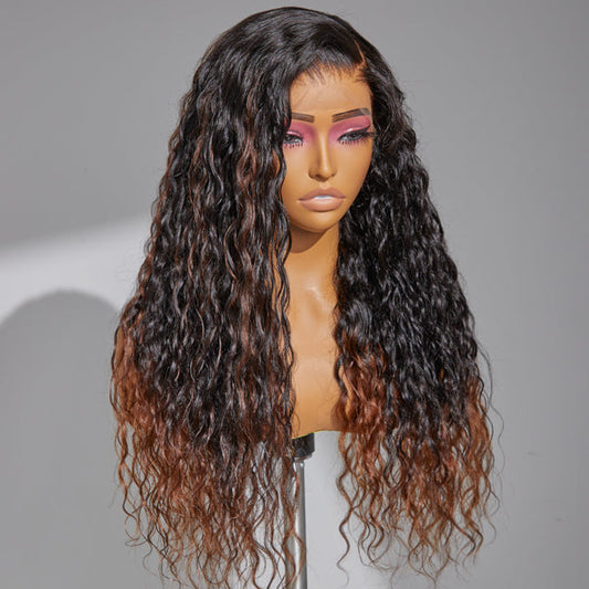 Limited Design |180% density Sweety Brown Tails Highlight Water Wave 13x4 Frontal HD Lace C Part Long Wig 100% Human Hair