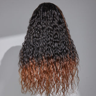 Limited Design |180% density Sweety Brown Tails Highlight Water Wave 13x4 Frontal HD Lace C Part Long Wig 100% Human Hair