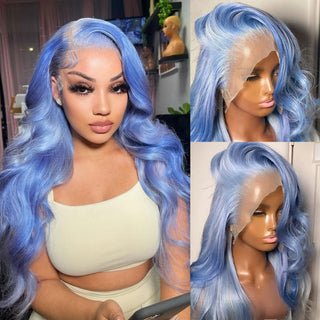 Lake Blue Body Wave Lace Front Wig Human Hair 180% Density Colored Human Hair Wig