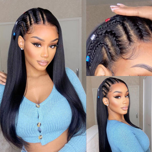 Limited Design | Natural Black Left Side Braids Straight 13x4 Frontal HD Lace Long Wig 100% Human Hair