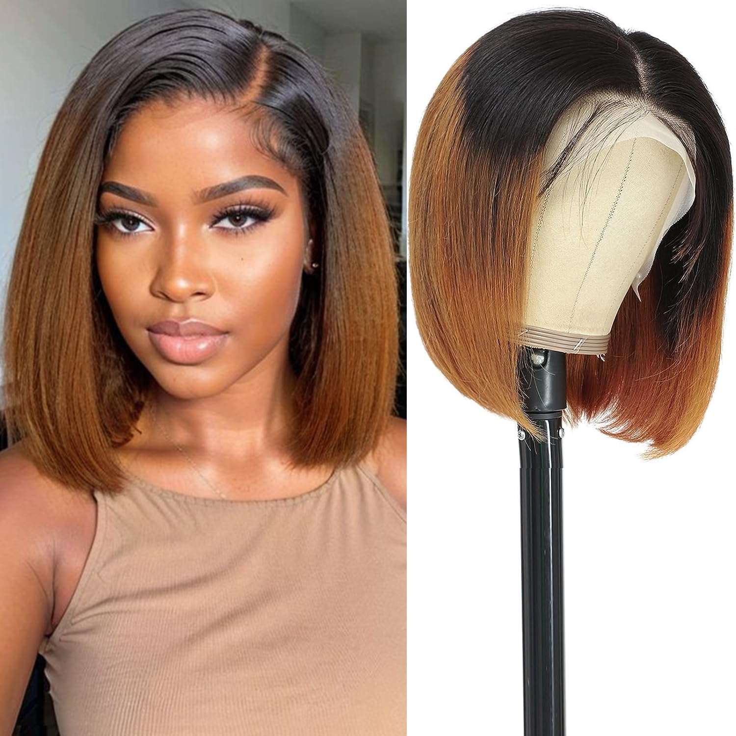 Ombre Brown 1B/30 Bob Wig Human Hair Glueless Short Straight 13x4 HD Lace Front Bob