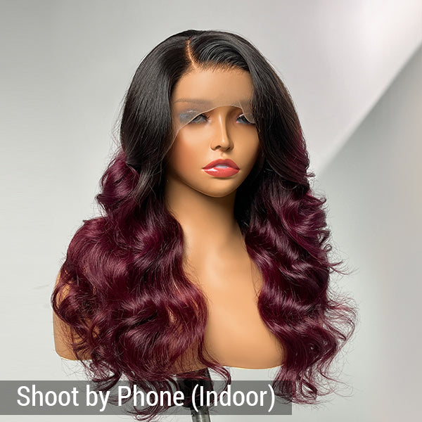 Limited Design | Alyssa Cabernet Ombre 13x4 Frontal Lace Right Side Part Long Wig 100% Human Hair