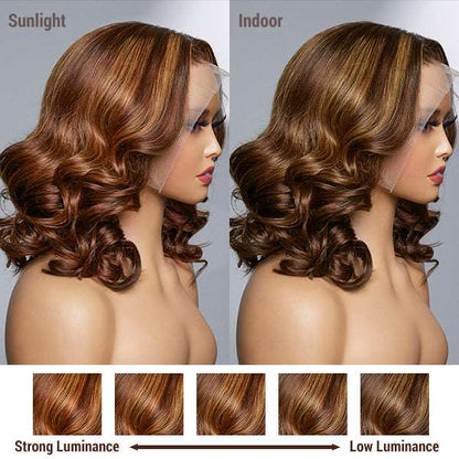 Limited Design | Bertha Highlight Loose Wave 13X4 Frontal Lace Mid Part Short Wig 100% Human Hair