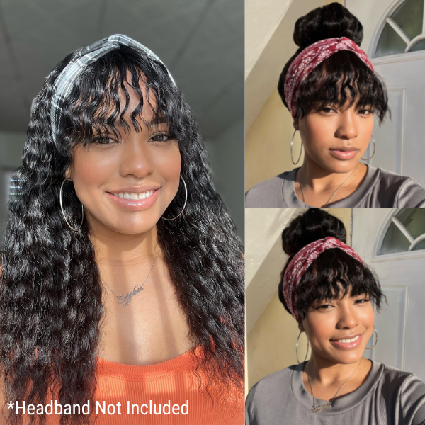 Romantic Bohemian Curly 5X5 Lace Glueless Long Wig with Cute Bangs 100% Human Hair