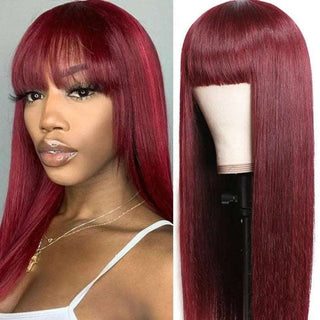 Burgundy Silk Straight Human Hair Wigs with Bangs Glueless Machine Made Wigs for Women Real Hair Wig