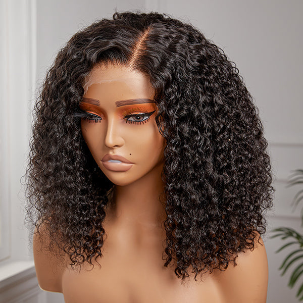 200% Full Kinky Curly  Glueless Side Part Neck Length Wig 100% Human Hair