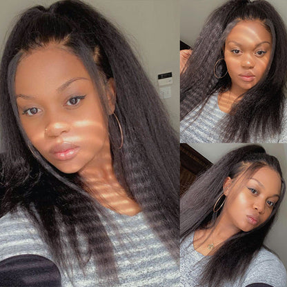 220% Density Natural Black Kinky Straight 13x4 Frontal Lace Free Part Long Wig 100% Human Hair