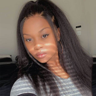 Natural Black Kinky Straight 13x4 Frontal Lace Free Part Long Wig 100% Human Hair