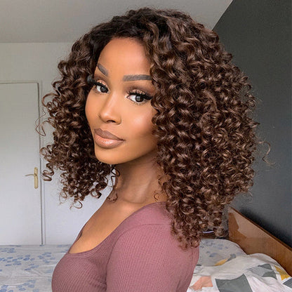 Black To Brown Ombre Bouncy Curly 4x4 Closure Lace Glueless Side Part Long Wig 100% Human Hair