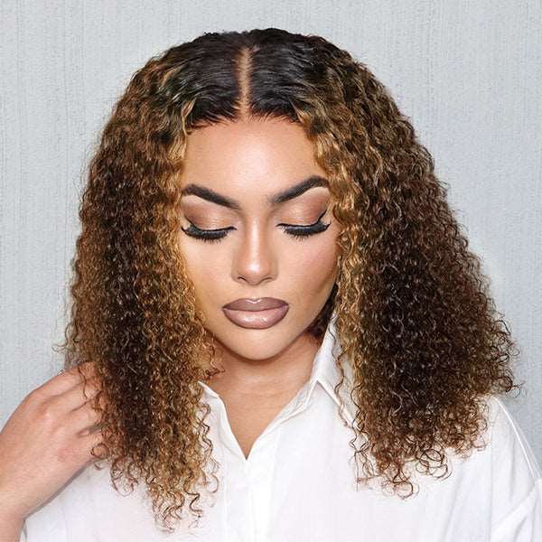 Mix Brown or Natural Black Kinky Curly 5x5 Closure  Lace Glueless Mid Part Neck Length Wig 100% Human Hair