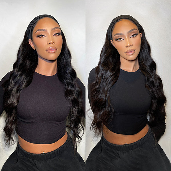 Natural Black Body Wave No Lace Glueless Long Headband Wig 100% Human Hair